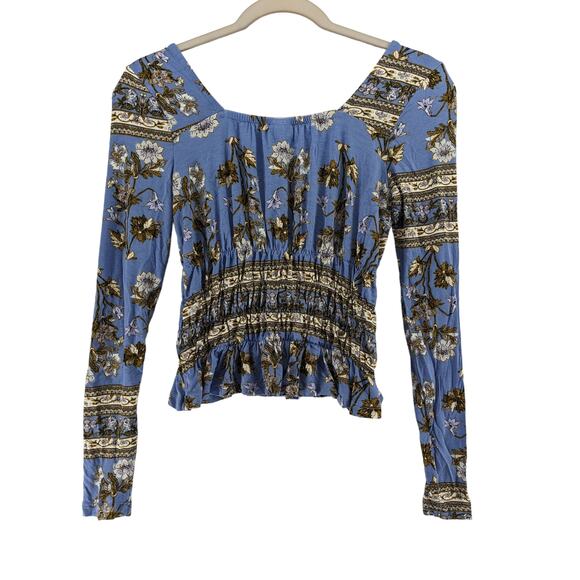 Lascana Floral Fitted Blouse XS Blue Green Smocked Button Up Long Sleeve Ruffled - Picture 2 of 8